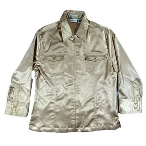 Venca Shirt Jacket Womens Large Beige Stretch Shiny Classic Long Sleeve Full Zip